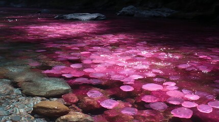 Shimmering pink river with gentle current holding jelly pads above