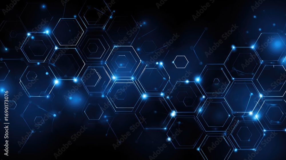Poster a futuristic digital background showcasing interconnected hexagons and glowing particles against a d