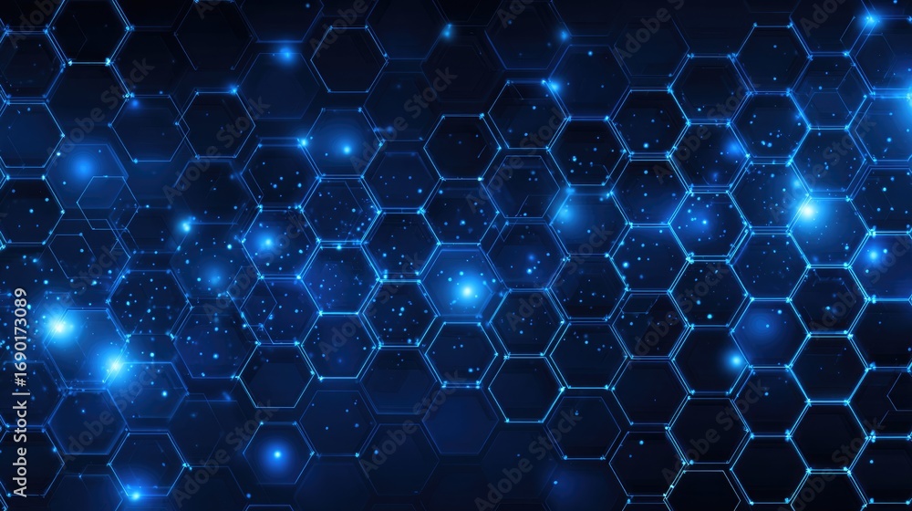 Poster a vibrant digital background showcasing an intricate pattern of hexagons illuminated with blue and s