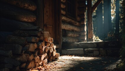 Sunlit log cabin with firewood