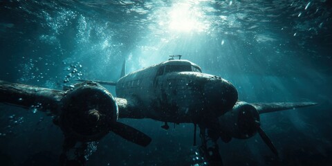Sunlit wreck of an old airplane submerged in the ocean depths