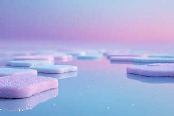 Shiny jelly pads gliding over pastel bubblegum river beneath soft glowing sky