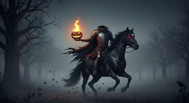 Realistic headless horseman on black stallion with flaming pumpkin in foggy forest, dark night sky background perfect for Halloween themes.