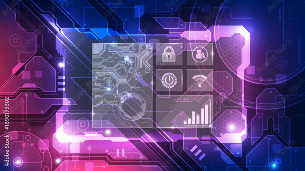 Poster futuristic digital interface with circuit board and security icons
