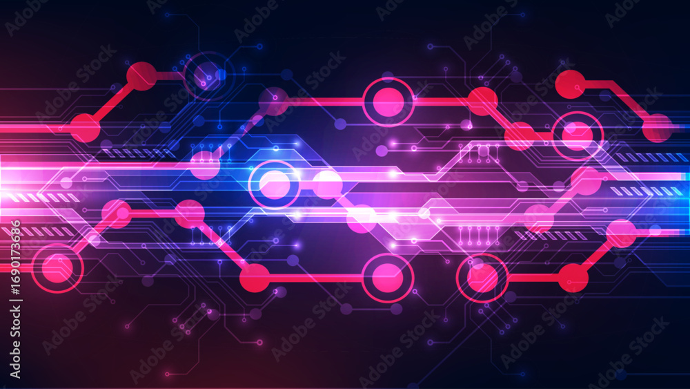 Poster futuristic neon digital circuit board background with glowing abstract lines, circular nodes, and hi