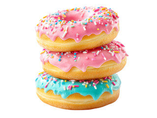 Stack of three delicious donuts pink and blue sprinkles, Isolated On White Background, Png Transparent