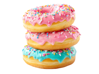 Stack of three delicious donuts pink and blue sprinkles, Isolated On White Background, Png Transparent