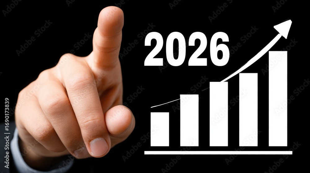 Aufkleber a close-up image of a hand pointing at a rising graph with the year 2026 displayed. this symbolizes 