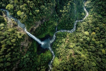 Aerial View of Waterfall Cascading Through Lush Green Forest.