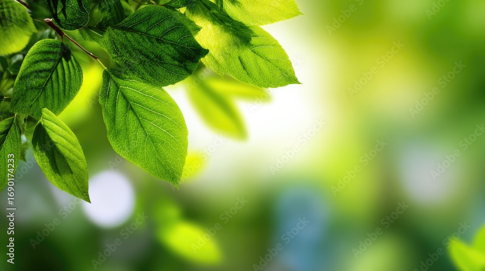 Poster a close-up view of vibrant green leaves, illuminated by soft sunlight, creating a serene and refresh