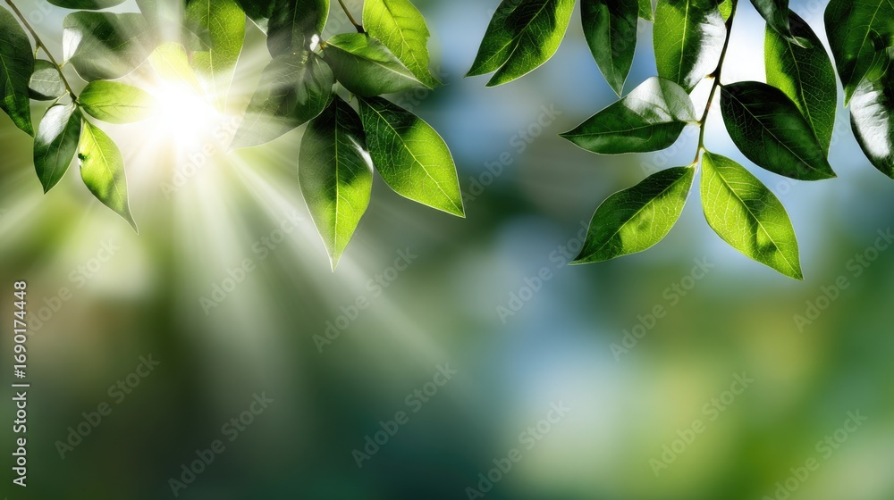 Poster sunlight filters through vibrant green leaves, creating a serene and refreshing atmosphere. this nat