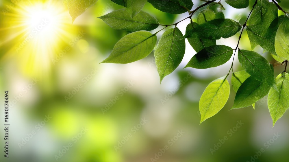 Aufkleber a close-up view of lush green leaves illuminated by soft sunlight, creating a serene and calming atm