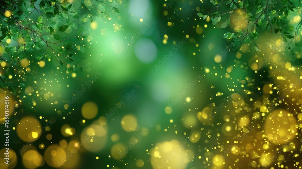 Poster a vibrant background featuring shimmering green and golden bokeh lights, creating a dreamy and encha