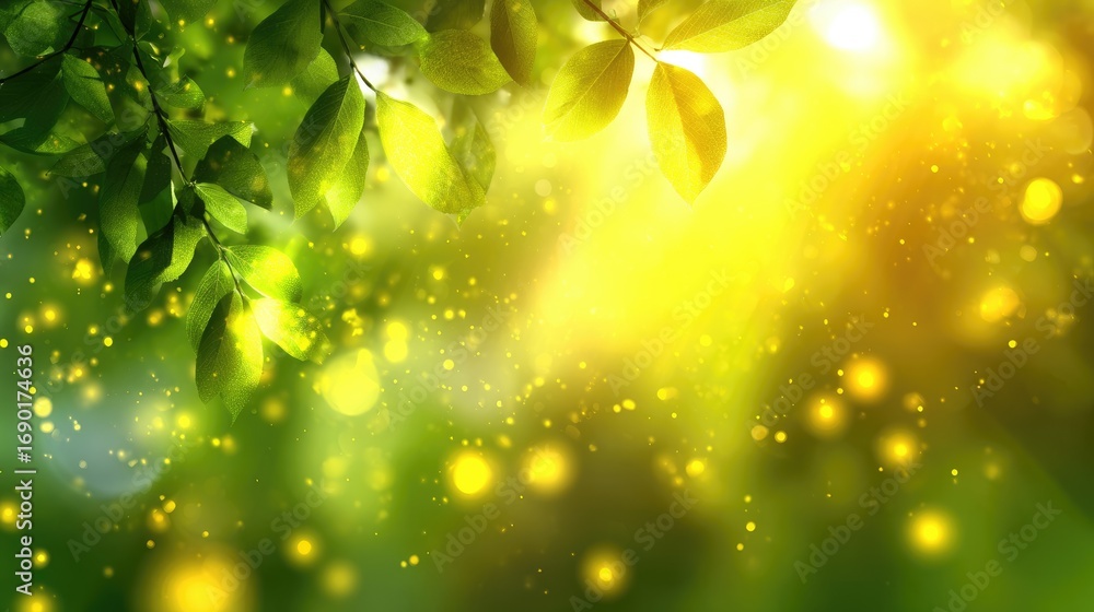 Poster a vibrant display of green leaves illuminated by soft golden sunlight, creating a serene and magical