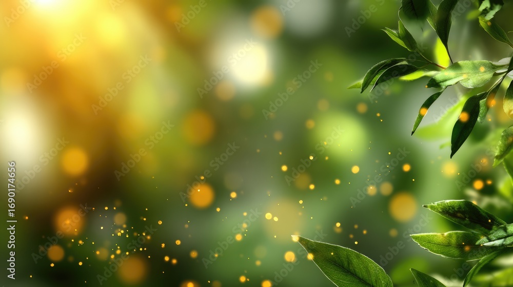 Poster A vibrant and serene image showcasing lush green leaves illuminated by soft sunlight, creating a tranquil atmosphere filled with sparkling light particles.