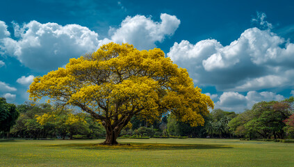 Fototapeta premium Vibrant yellow blooming tree stands tall in a lush green park under a dramatic sky