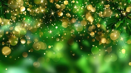 A vibrant blend of shimmering green and gold bokeh lights creates a magical atmosphere, perfect for festive seasons, celebrations, or any occasion that calls for a touch of eleganc