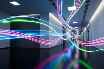 Digital data flow in modern office corridor with vibrant light trails