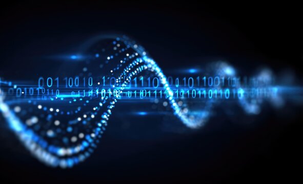 Abstract digital wave with binary code. Represents data transmission and technology in modern communications, showcasing futuristic aesthetics and fluid movements.