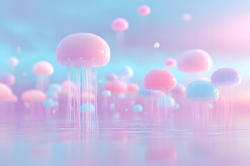 Shiny jelly pads gliding over pastel bubblegum river beneath soft glowing sky