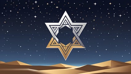 an Islamic star and crescent glowing against a serene desert night sky with vast darkness.