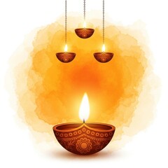 Illustration of lit diya lamps hanging and placed against an orange watercolor background
