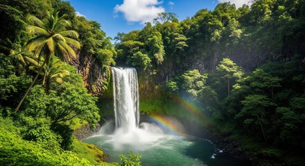 Naklejka premium Lush waterfall cascading into a tranquil pool, framed by vibrant green rainforest foliage, with a vibrant rainbow arching over the water