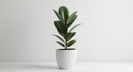 Ficus Elastica Plant in White Pot on White Background Minimalist Home Decor Evergreen Rubber Plant For Air Purification and Decoration Indoor Plant