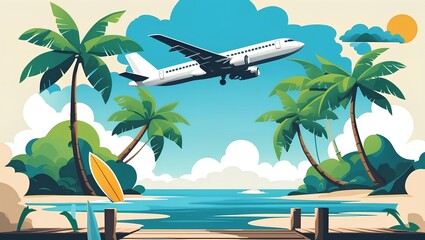 Sleek airplane soars above tropical island with swaying palm trees and surfboard resting near wooden dock in 4k.