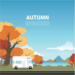 가을 호수, 단풍나무, 캠핑카. 가을 배경 일러스트