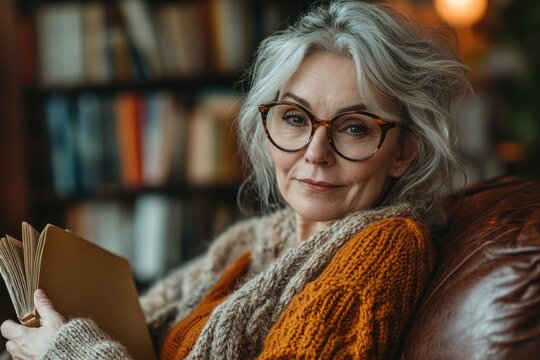 A mature woman with gray hair and glasses sits comfortably in a leather chair, holding a book, in a library setting.