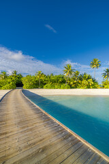 Stunning Maldives beach landscape with luxury resort, summer vacation, scenic pier and jetty leading into tropical nature paradise, lush green palm trees over calm sea horizon for exotic travel