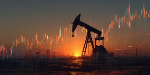 Silhouette of oil pump jack with financial chart overlay against the sunset sky showing dynamic market, concept for investment analytics, energy industry forecast and global economy trends