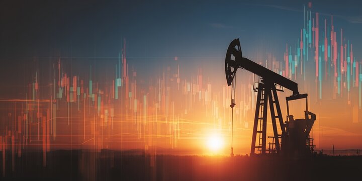 Silhouette of oil pump against a sunset sky with stock market candlestick charts, concept for energy investment, oil industry analysis and financial market trends