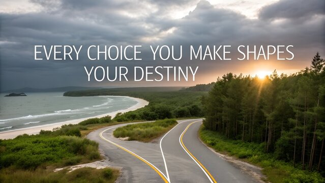 Inspirational Quote on a Winding Coastal Road at Sunset.