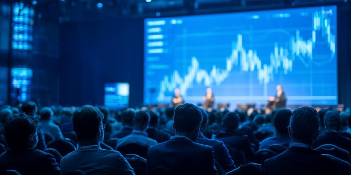 Audience watching speakers on stage with financial chart on screen at conference, concept for business presentation, corporate training and investment seminar - Powered by Adobe
