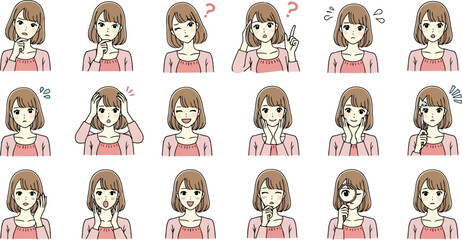 Vector vector art of collection of a womans facial expressions and gestures transparent background