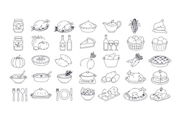 Kawaii Thanksgiving character set. Cute cartoon vector collection with pilgrims, woodland animals, and autumn food in a line art style.