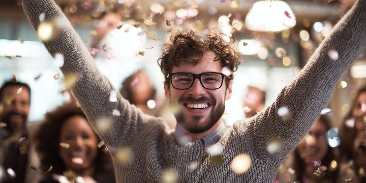 Happy man raising arms amidst falling confetti with smiling colleagues in the background. Concept for corporate success celebration, employee recognition event and teamwork achievement