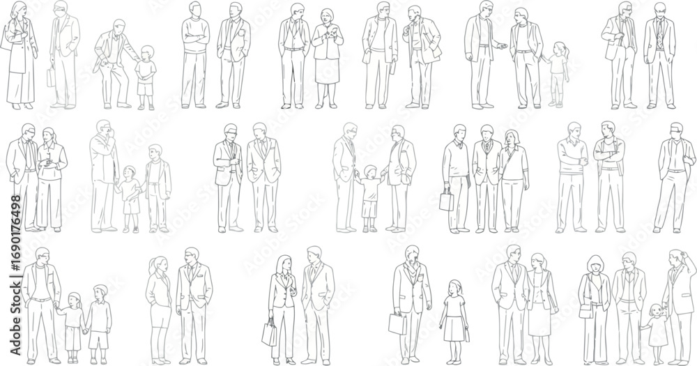 Poster vector vector art of architectural sketches of various groups of people in different poses transpare