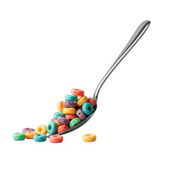 Sleek, polished silver dessert spoon mounded with vibrant rainbow cereal loops, loose loops scattered on a transparent studio background with high-key lighting, food product concept.