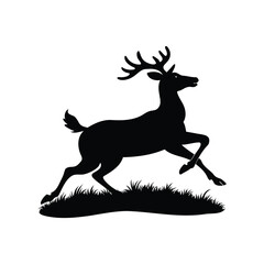 Silhouette of a running deer with antlers, isolated on white background, deer running across field silhouette vector illustration