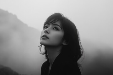 A young woman gazes upward, lost in thought amidst a foggy mountain landscape.