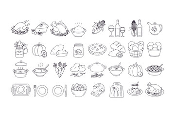 Thanksgiving and Autumn line icon set. Collection of vector outline symbols for the fall harvest, including pumpkin, turkey, and pilgrim hat.