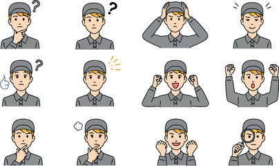 Vector vector art of collection of worker emotions and expressions, transparent background