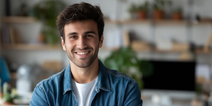 Close-up portrait of a young handsome man with a beaming smile in casual denim shirt, posing indoors, concept for business profile picture, online dating profile and lifestyle blog portraiture