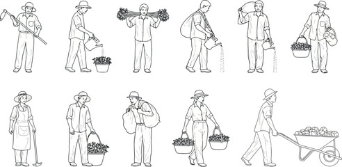 Vector vector art of line drawings of farmers performing agricultural tasks with tools and produce transparent background