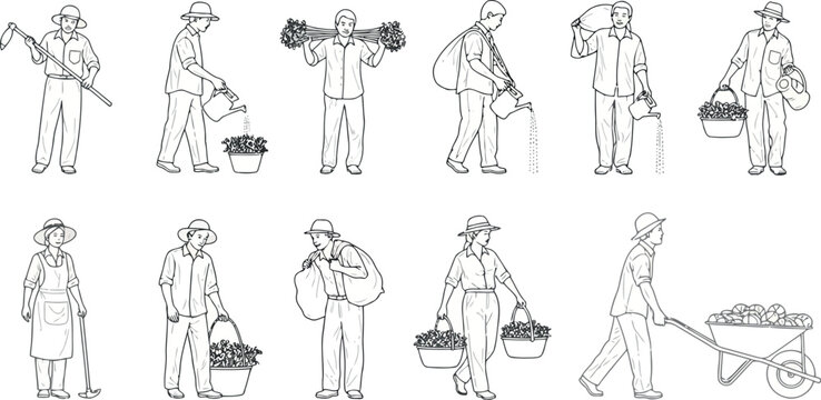 Vector vector art of line drawings of farmers performing agricultural tasks with tools and produce transparent background