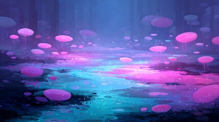 Smooth glowing jelly pads drifting over vibrant bubblegum river in fantasy setting