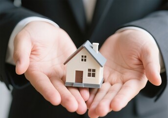 Close-Up of Human Hand Holding a Miniature House Symbolizing Real Estate, Property Investment, and Home Insurance